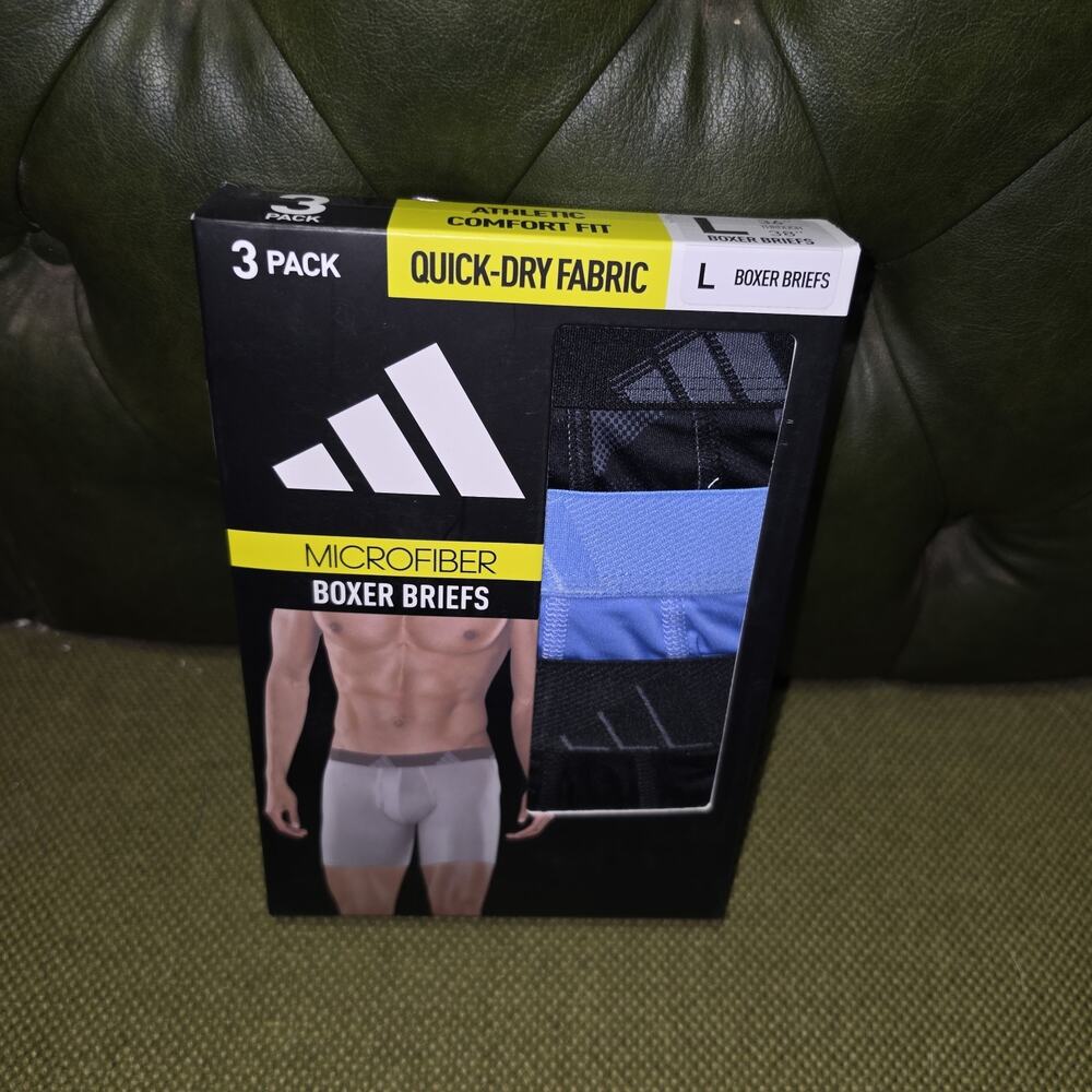 Adidas 3 pack Microfiber Boxer Briefs Quick Dry Fabric Large NWT Black Blue